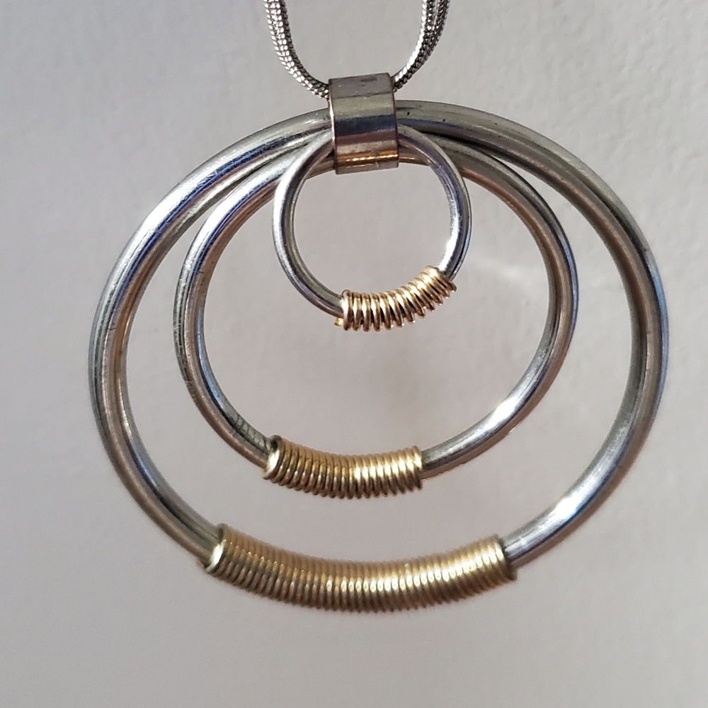 Two tone/3 circles necklace/double strand and extra long chain/ Modernist style
